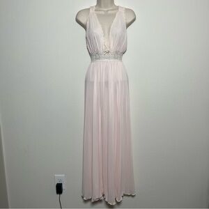 VTG 80s Miss Elaine Nylon Slip Maxi Dress Medium Pink Coquette‎ Lace Babydoll